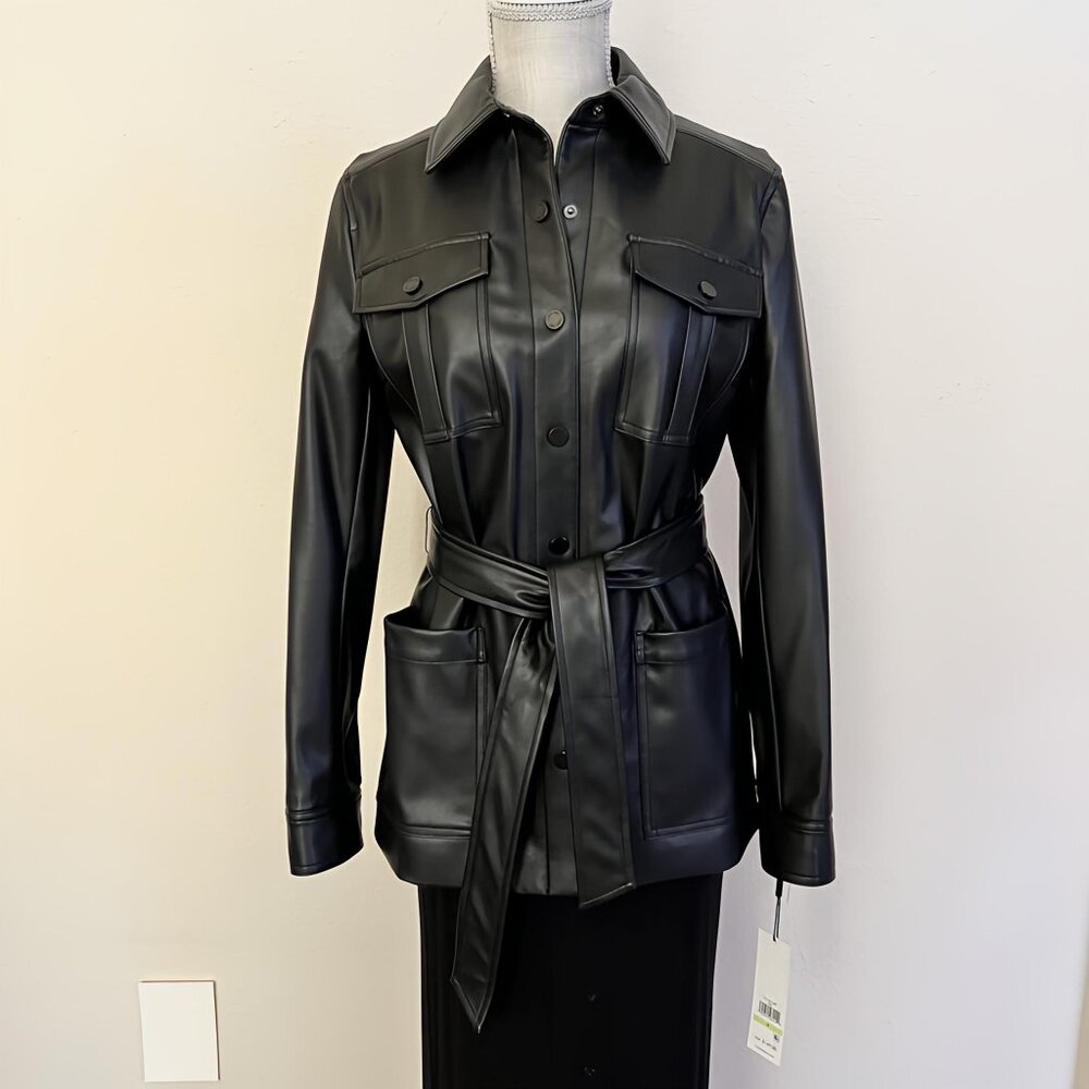 Calvin Klein Faux-Leather Shirt Jacket- Black Size 4
